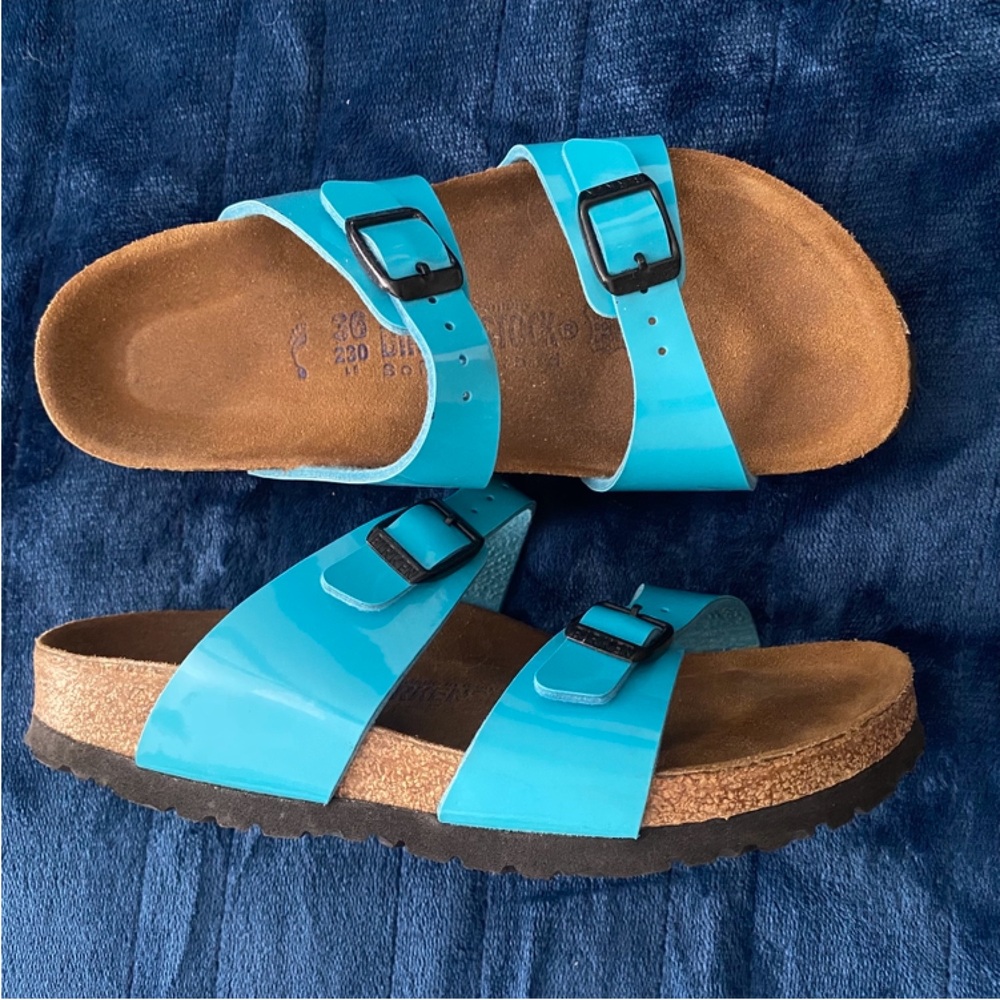 ☀️Birkenstock Arizona 6 Turquoise Patent Leather Sandals with Double Straps ☀️ - Picture 9 of 12